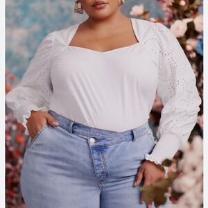 NWT Eloquii Elements White Eyelet Puff Sleeve Sweetheart Neckline Blouse 16